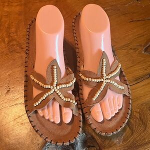 Oh Deer Women’s Starfish Beaded Suede Sandals Size 10 Summer Slip-On